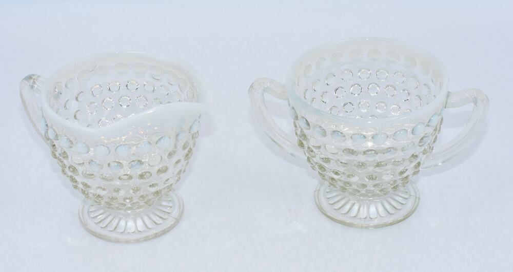 Anchor Hocking Moonstone Opalescent Hobnail Footed Creamer & Sugar Glass 2pc Set